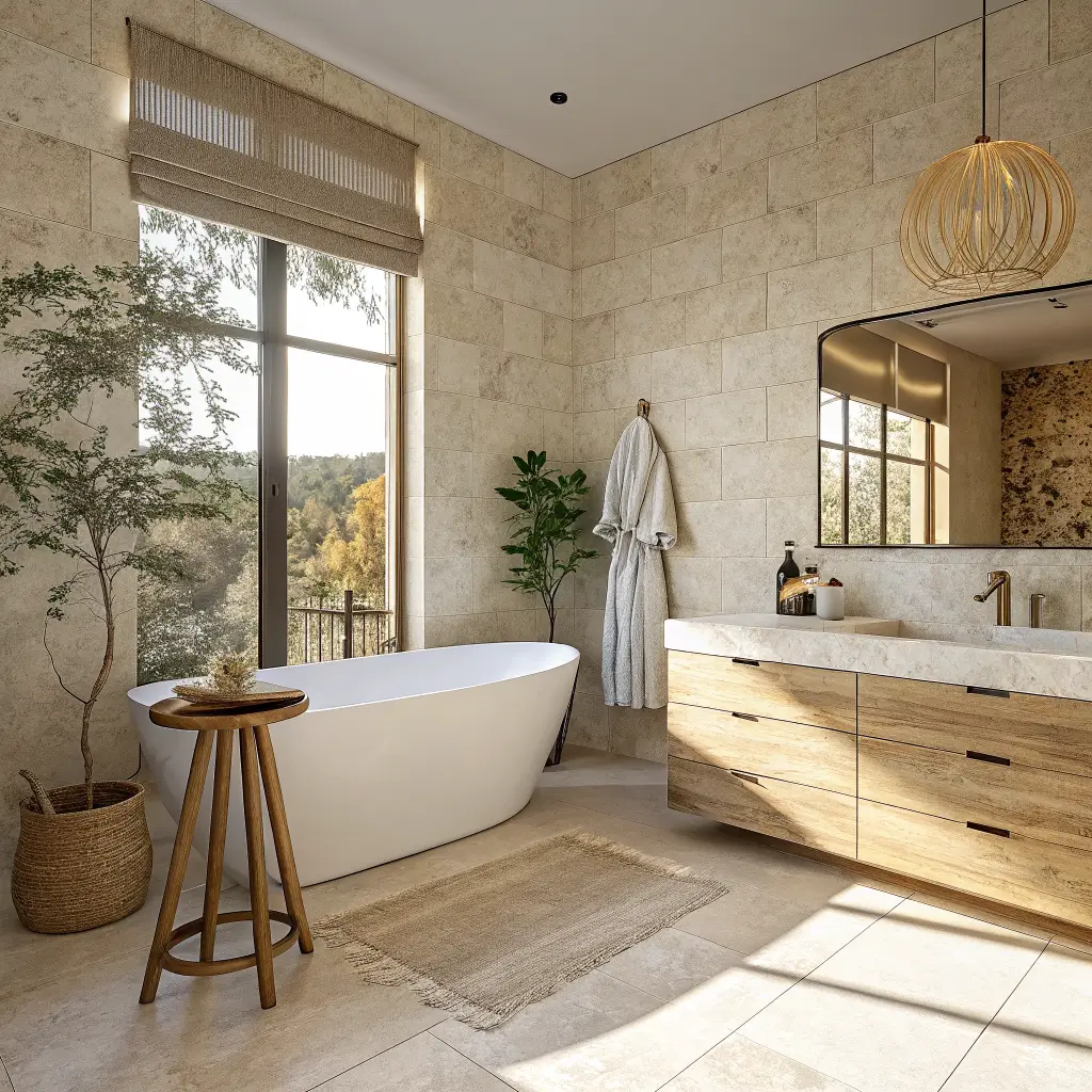 Photorealistic modern organic bathroom with cream plaster walls, travertine feature wall, freestanding stone tub, white oak floating vanity, brushed brass fixtures, and warm late-afternoon light.