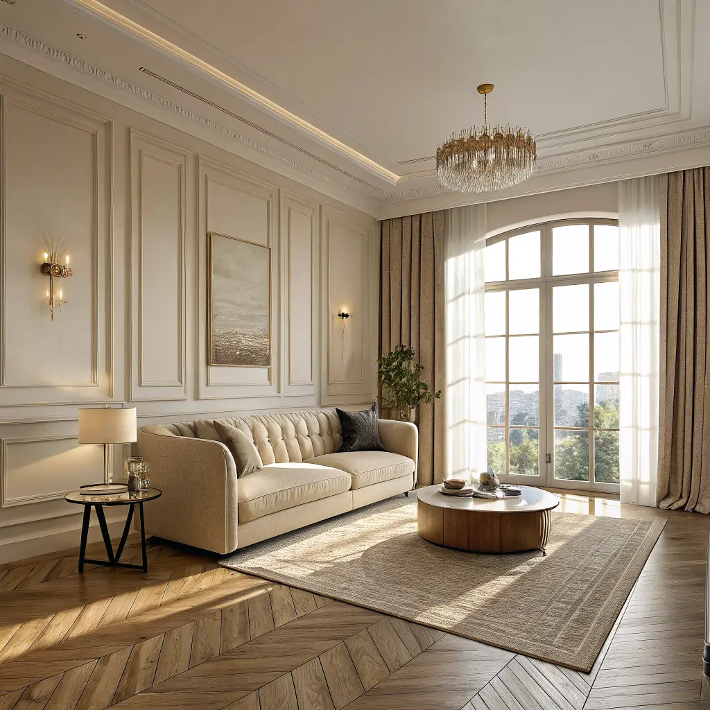 Photorealistic modern luxury living room with creamy walls, white oak chevron floor, curved bouclé sofa, travertine coffee table, oat rug, and warm golden light through sheer curtains.