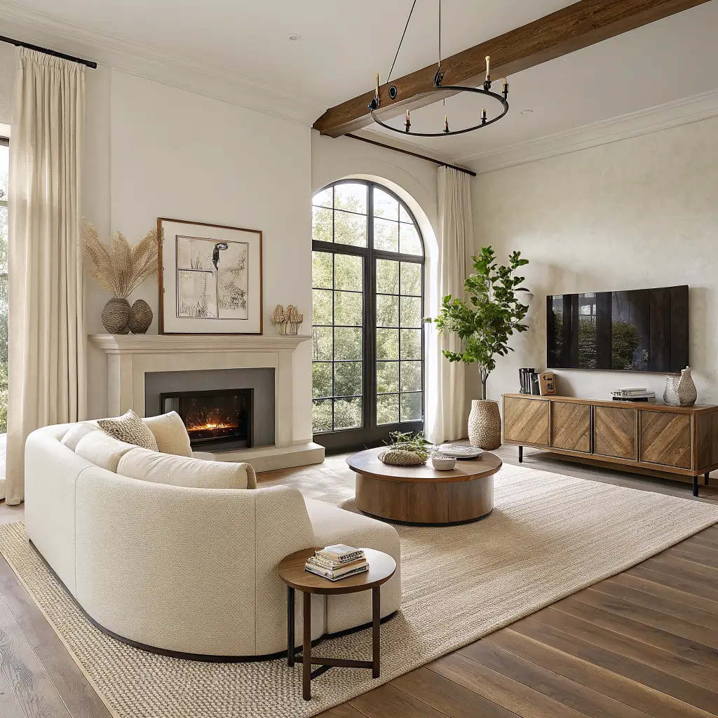 Warm minimalist living room corner with curved cream bouclé sofa on oatmeal rug, travertine round coffee table, walnut console, large black-and-white photo, and morning light through a steel-framed picture window.