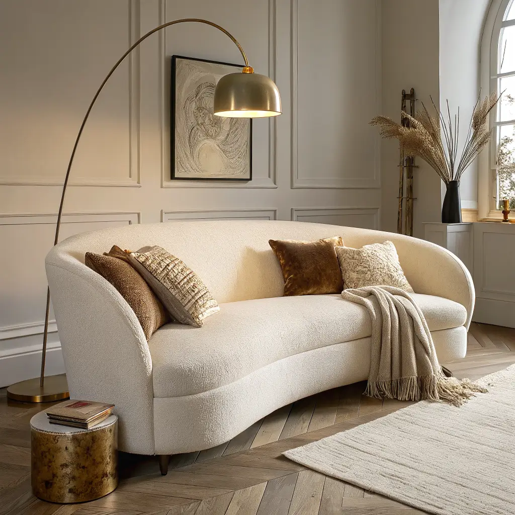 Photorealistic curved cream bouclé 3-seater sofa in a greige living room with warm dusk lamp glow, textured pillows and cashmere throw, seen at a three-quarter angle.