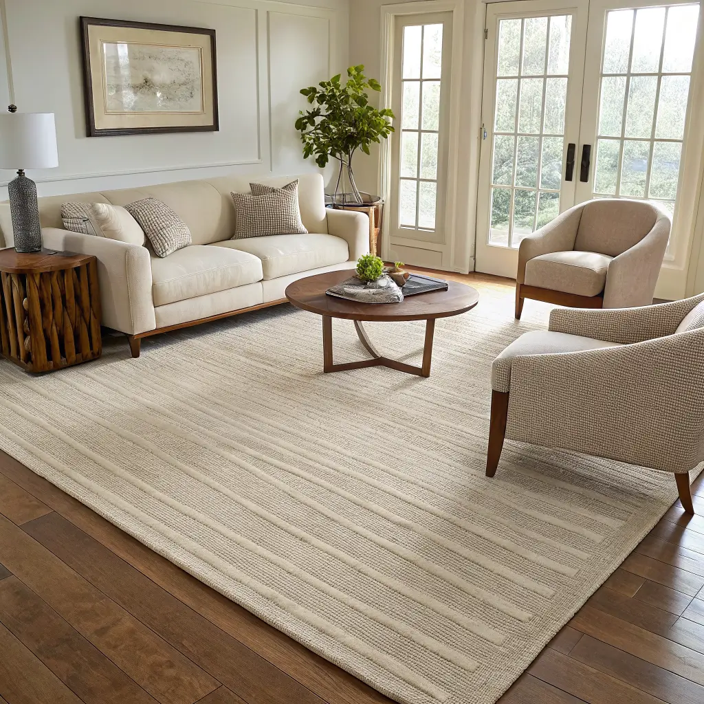 Overhead angled view of an oatmeal wool rug with subtle cream stripe grounding a minimalist living room with a cream sofa, walnut-and-linen armchairs, travertine coffee table, and warm brass floor lamp in soft daylight.