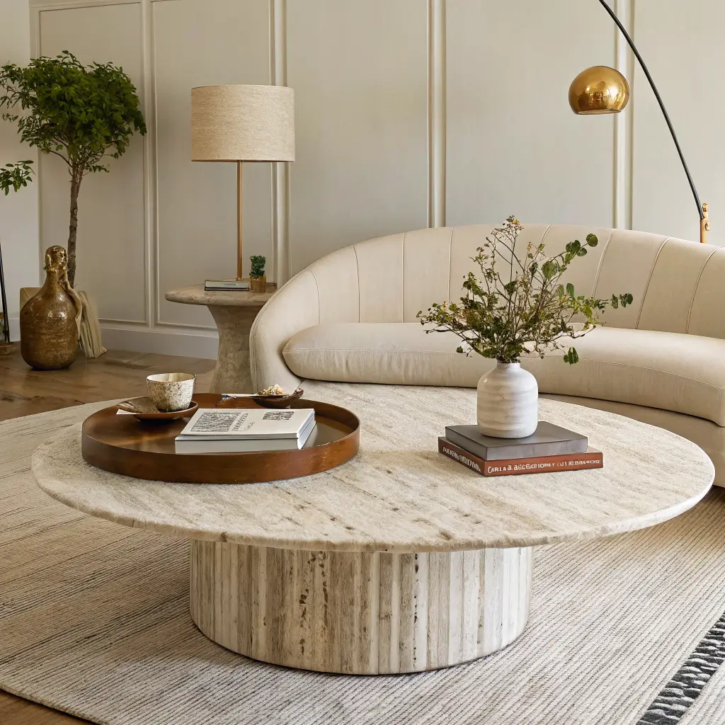 Photorealistic warm minimalist living room with a round honeyed travertine pebble coffee table styled with a cognac leather tray, cream vase with eucalyptus, and two books, in front of a cream bouclé curved sofa on an oatmeal rug in late afternoon golden light.