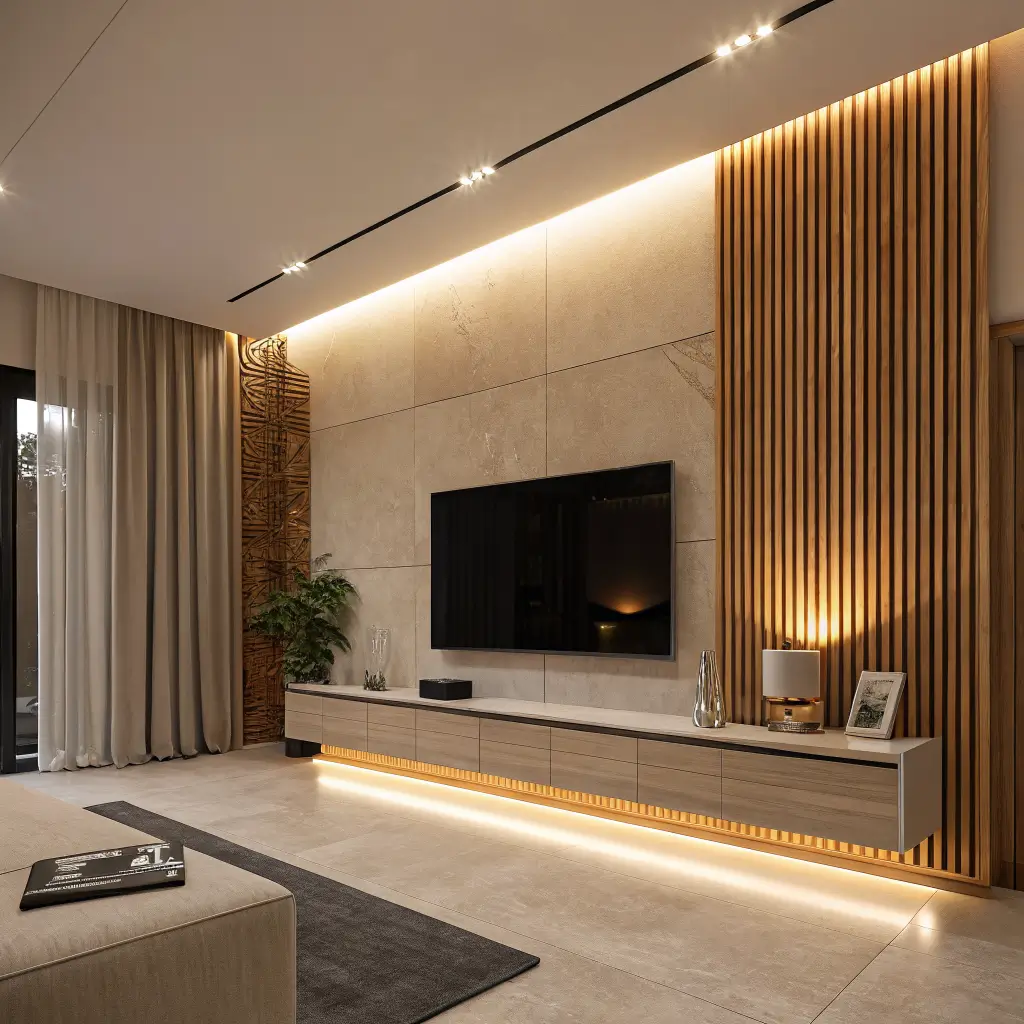 Photorealistic warm minimalist living room with white oak slat TV feature wall, matte black TV, floating off-white microcement console, and soft amber LED backlighting.