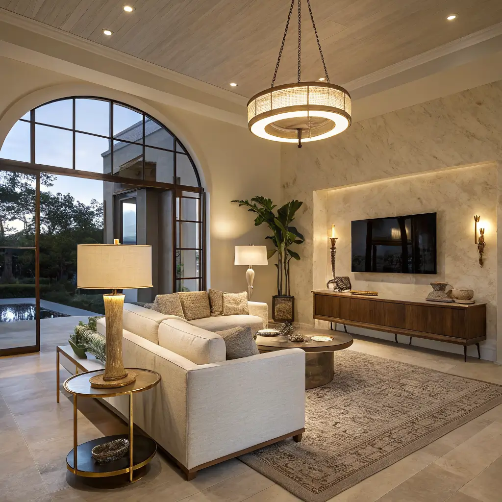 Photorealistic twilight luxury living room with layered 2700K lighting, cream sofa, brass floor lamp, alabaster pendant, ceramic table lamps, and dusky blue window contrast.