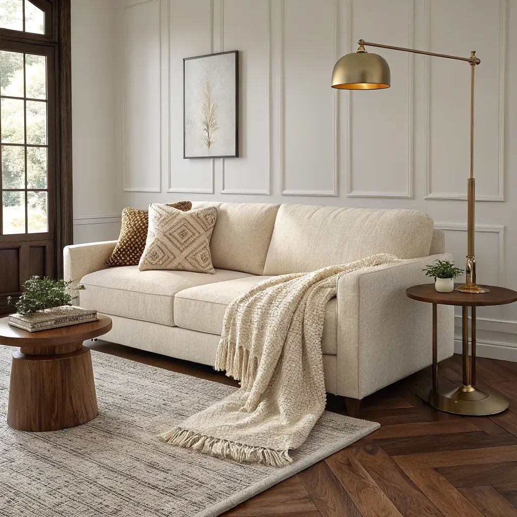 Warm minimalist living room vignette with cream linen sofa, bouclé pillow, chunky knit throw, oatmeal wool rug, travertine pebble side table, and brass lamp in soft morning light.