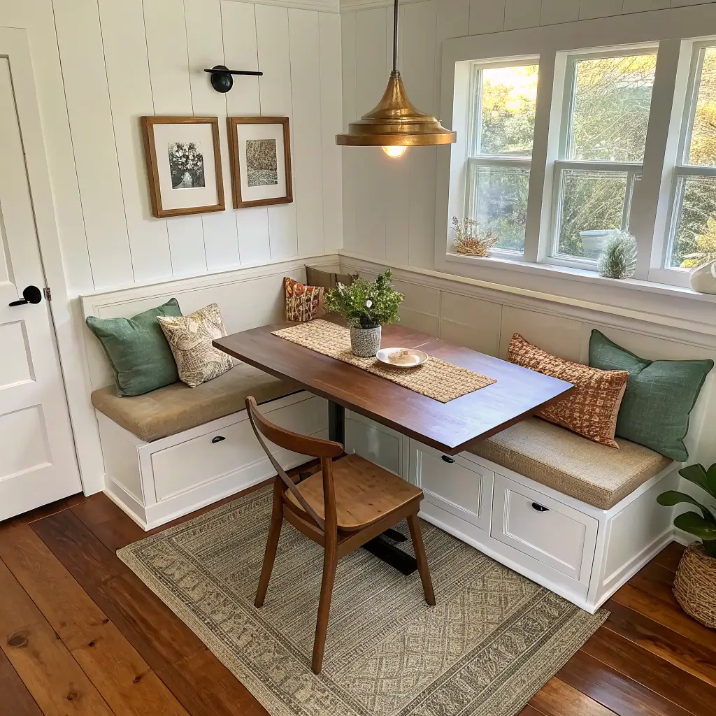 Overhead angled view of a styled kitchen corner dining nook with jute rug, cream L-shaped storage bench, walnut table, oatmeal cushions, sage and terracotta pillows, framed art, and a brass pendant in late morning light.