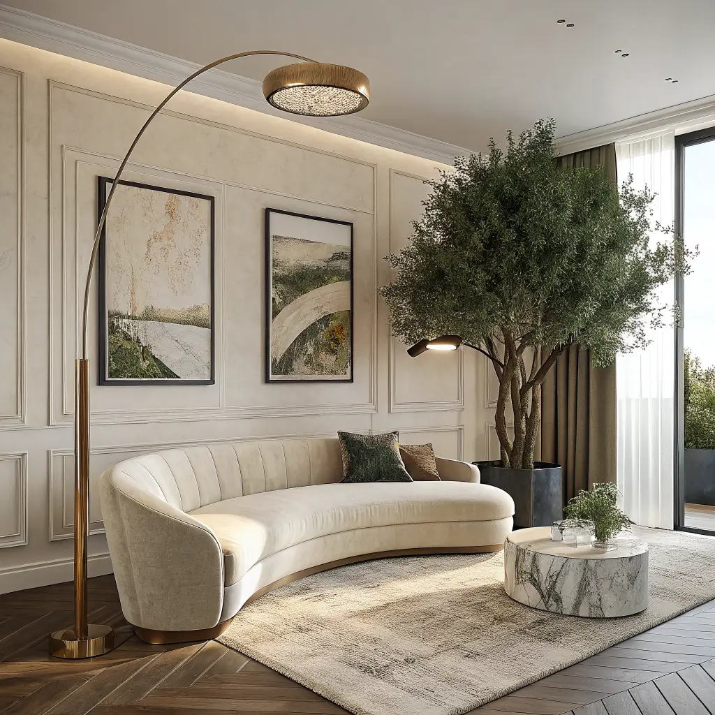 Photorealistic modern luxury living room with curved cream bouclé sofa under oversized muted earth-tone abstract art, olive tree in stone planter, brass arched floor lamp, warm late-afternoon sunlight on mushroom walls and oak floors.