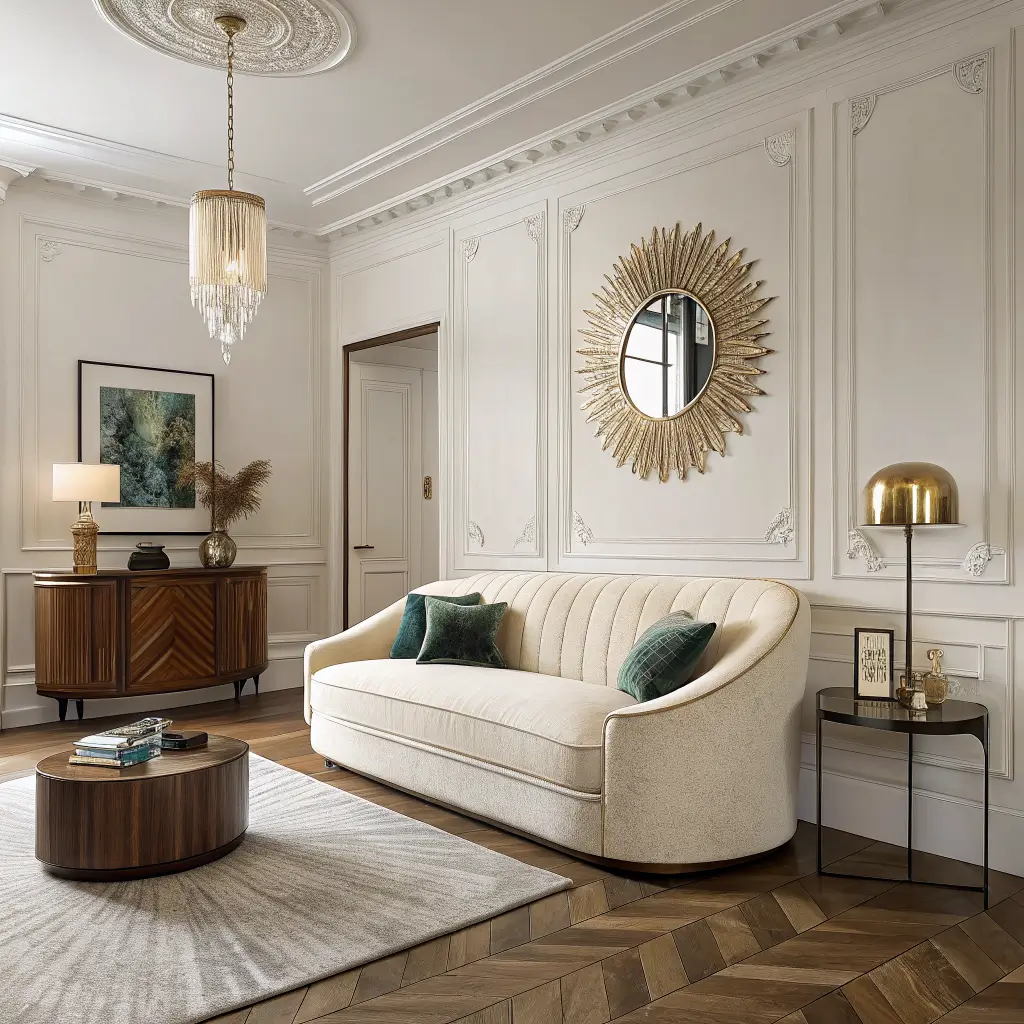 Photorealistic Art Deco-influenced luxury living room with creamy walls, oak herringbone floors, curved bouclé sofa, fluted walnut cabinet, brass round mirror, travertine coffee table, and warm evening lighting with emerald and sapphire accents.
