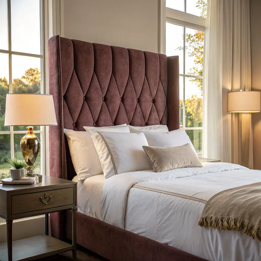 Close-up of a luxurious queen bed with burgundy velvet wingback headboard and layered white and ivory bedding, lit by soft late-morning window light.