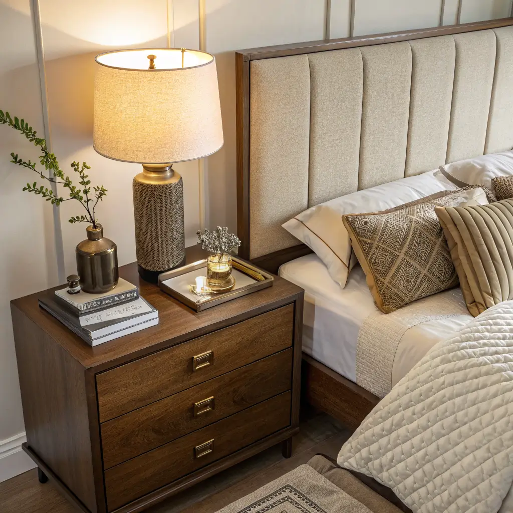 Symmetrical overhead view of a king bed flanked by matching walnut nightstands with warm brass lamps and identical styled trays in a mushroom-greige bedroom.