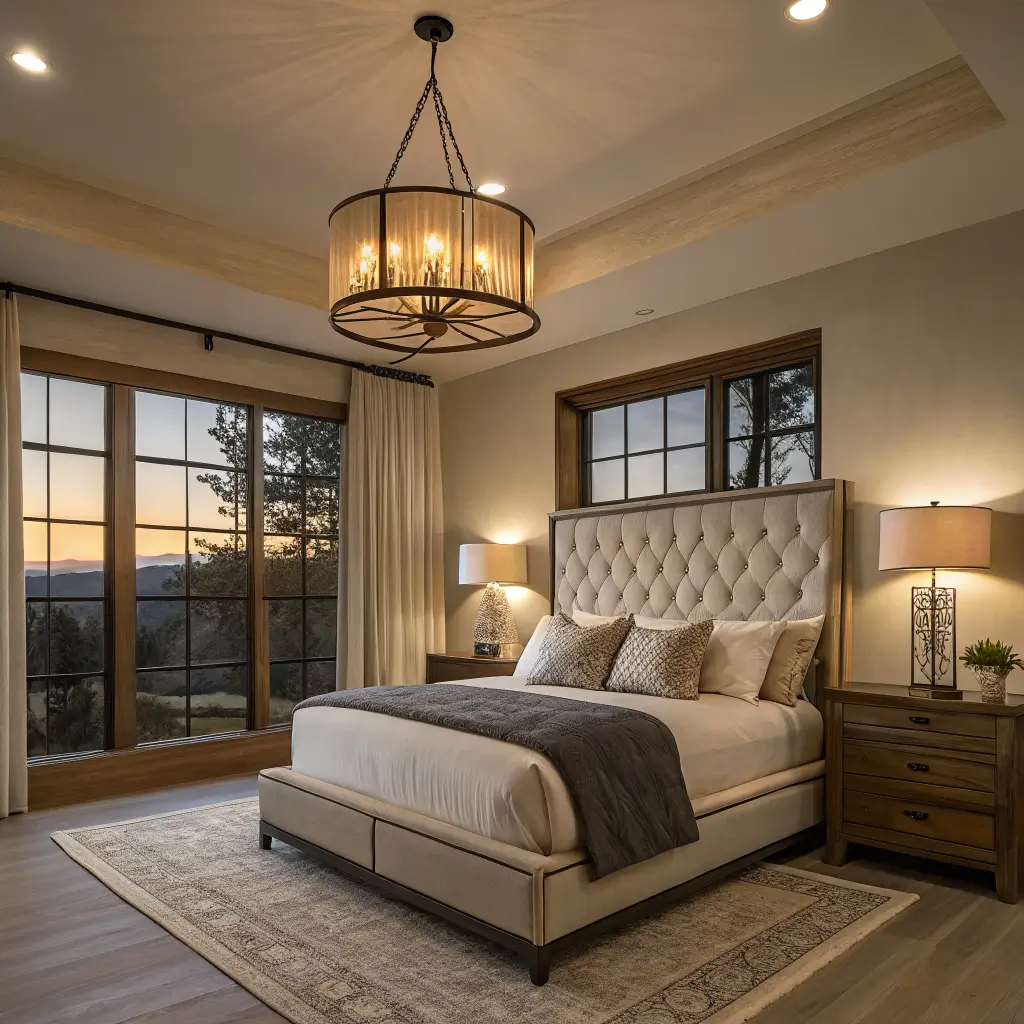 Photorealistic wide bedroom at dusk with warm layered lighting, king bed, chandelier and brass sconces, walnut dresser with lamp and candle, and window with deep blue twilight.