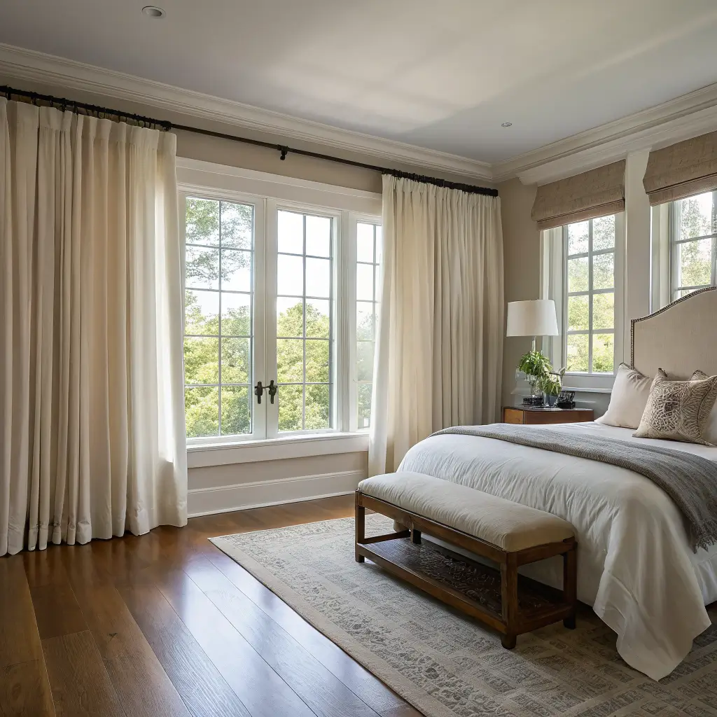 Floor-to-ceiling oat linen drapes with sheer panels in a warm greige bedroom, bronze rod, walnut bench with bouclé cushion, and soft morning light.
