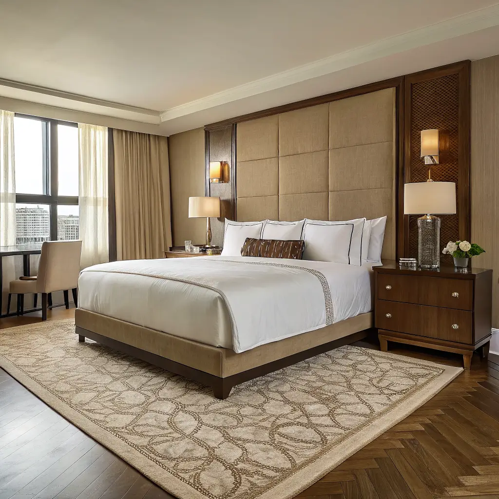 Photorealistic hotel-style king bed on a cream wool rug with oak floors, oat upholstered headboard on a chocolate accent wall, layered ivory and oat bedding with burgundy cushion, walnut nightstands and warm brass lamps in golden afternoon light.