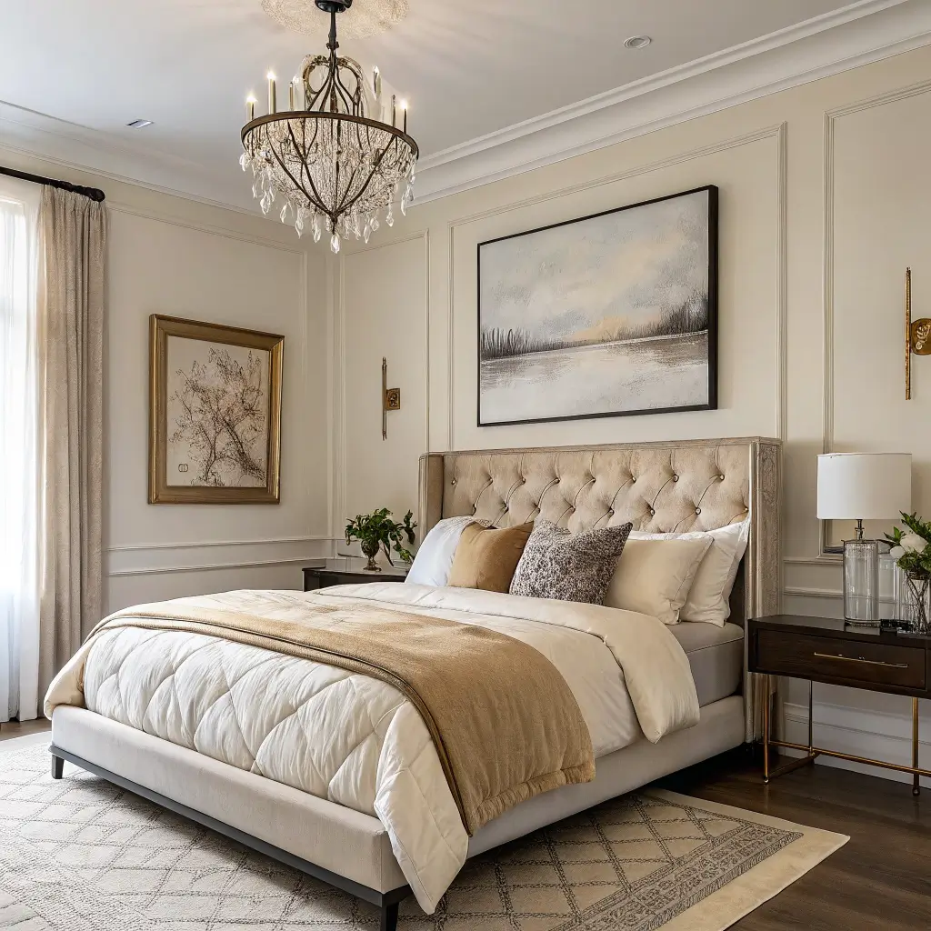 Photorealistic neutral luxury bedroom with king bed and channel-tufted oat headboard, cream layered bedding, and a large muted abstract print in a slim bronze frame centered above, lit by soft daylight with a brass orb chandelier partially visible.