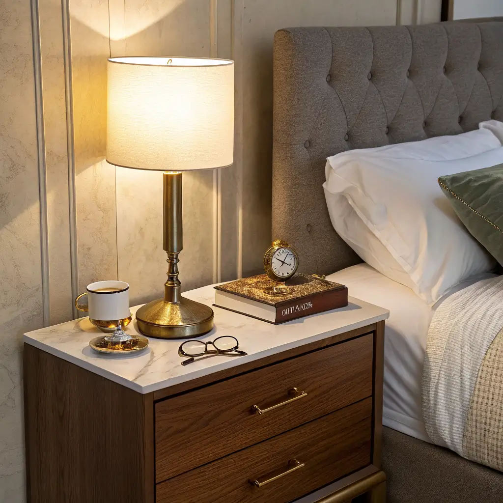 Warmly lit luxurious bedroom nightstand with walnut finish and brass pulls, pleated linen lamp, marble tray with brass dish and tortoise glasses, oat linen book, and olive branch vase near tufted headboard.