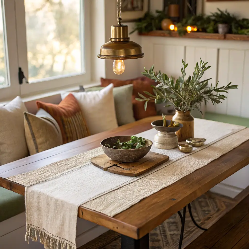 Close-up of a walnut dining nook table with an oatmeal linen runner, a low ceramic bowl of olive branches, and a brass tray with linen napkins, with a cream bench and sage and terracotta pillows softly blurred under warm pendant light.
