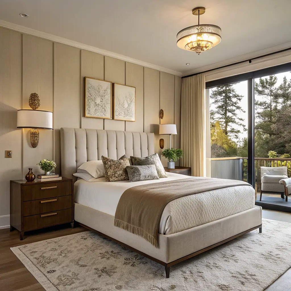 Photorealistic small luxury bedroom with queen bed, tall oat linen channel-tufted headboard on greige wall, brass sconces, walnut nightstands, ceiling-mounted oat drapes, large abstract art, and cream wool rug in warm late-afternoon light.