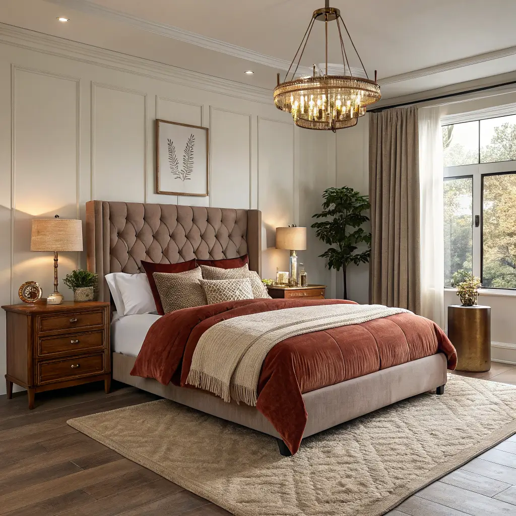 Photorealistic cozy fall/winter luxury bedroom with rust linen duvet, ivory sheets, oat tufted headboard, walnut nightstands with brass lamps, chunky knit throw, and warm evening glow.