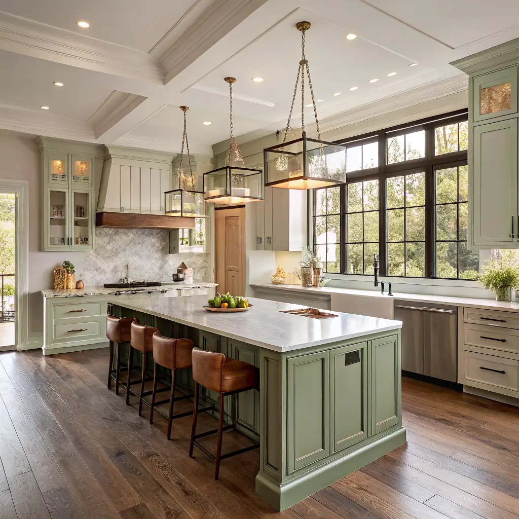 Photorealistic modern luxury kitchen with sage green cabinetry, Taj Mahal quartzite waterfall island, walnut leather stools, brass pendants, and warm golden-hour light.
