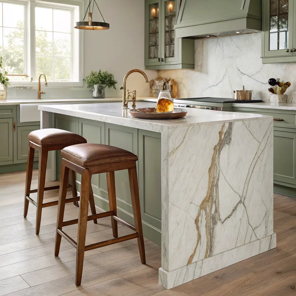 Close-up of a sage kitchen island corner with Calacatta Macaubas quartzite waterfall edge, walnut stools, and olive oil in warm morning light.