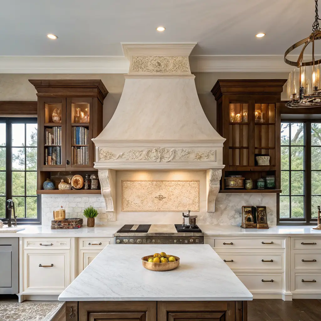 Frontal hero shot of a bone-white plaster range hood above a matte black 48-inch range, with Taj Mahal quartzite backsplash, walnut shelves, sage cabinetry, and brass sconces in a symmetrical luxury kitchen.