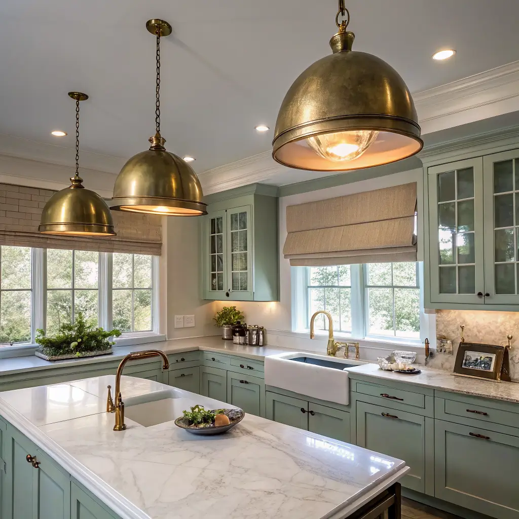 Upward-angled photorealistic view of a luxury kitchen ceiling with two aged brass dome pendants over a quartzite island, sage cabinets with warm under-cabinet lighting, walnut shelves, and a glowing sconce by an apron sink under a window at blue hour.