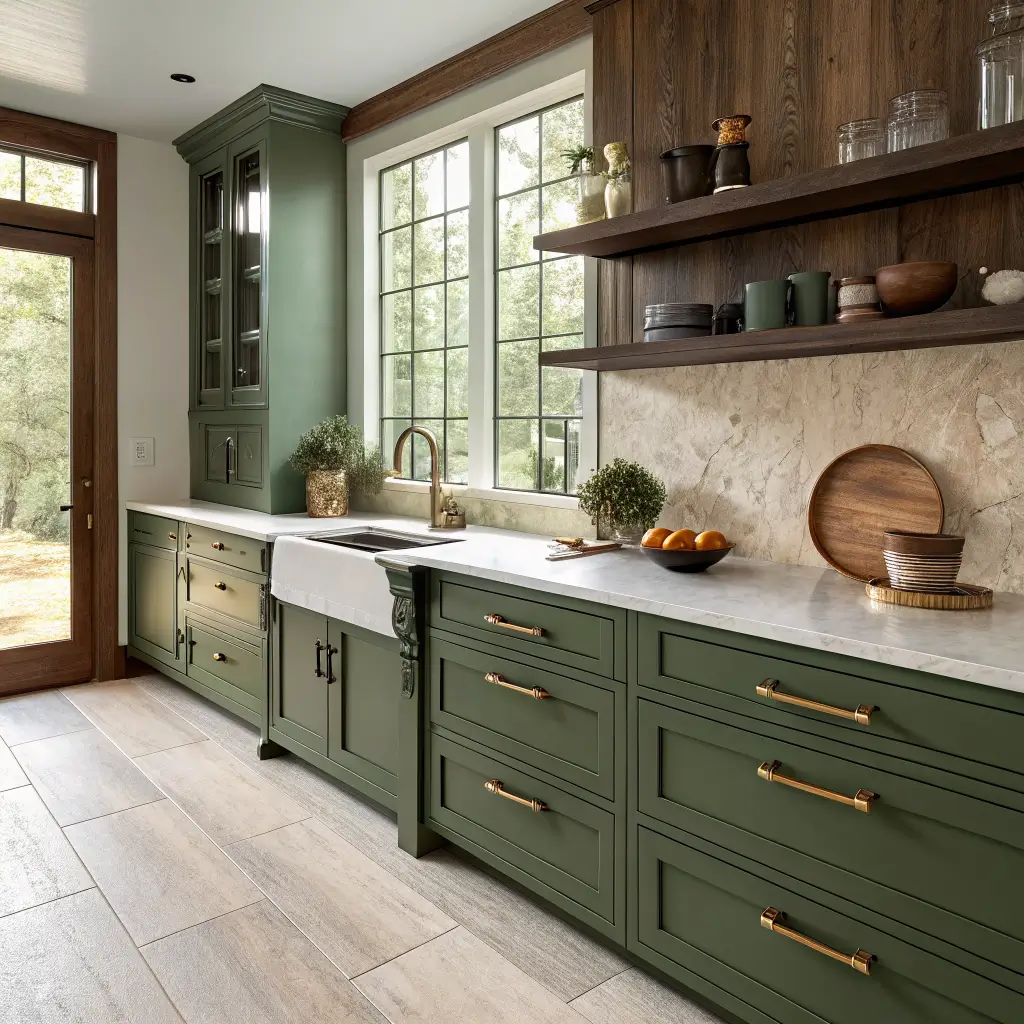 Side-angle view of a luxury kitchen with deep sage-green cabinets, brass hardware, walnut floating shelf with ceramic vases, quartzite counters, stone slab backsplash, and white oak floors in warm afternoon light.