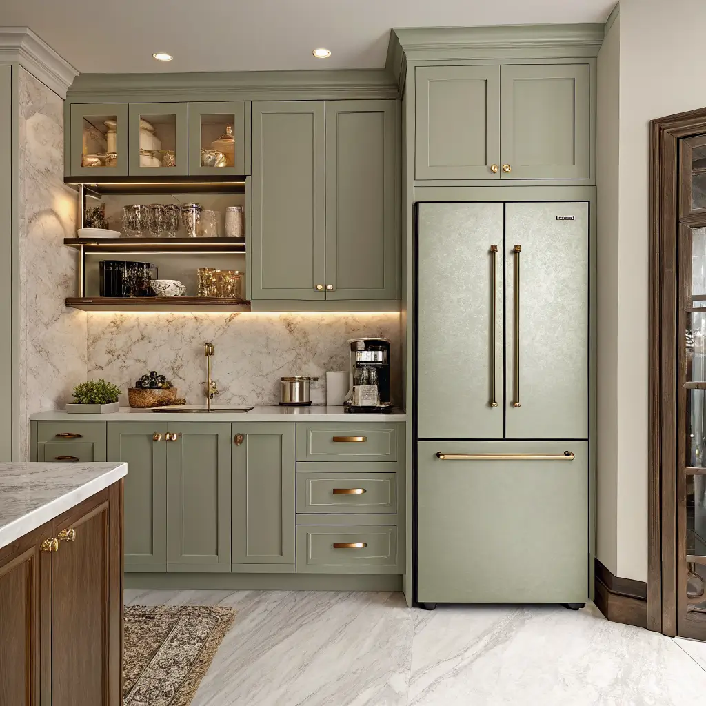 Luxury sage-green kitchen with panel-ready fridge, antique brass hardware, and appliance garage showing espresso machine and mugs on walnut shelves above quartzite counter.