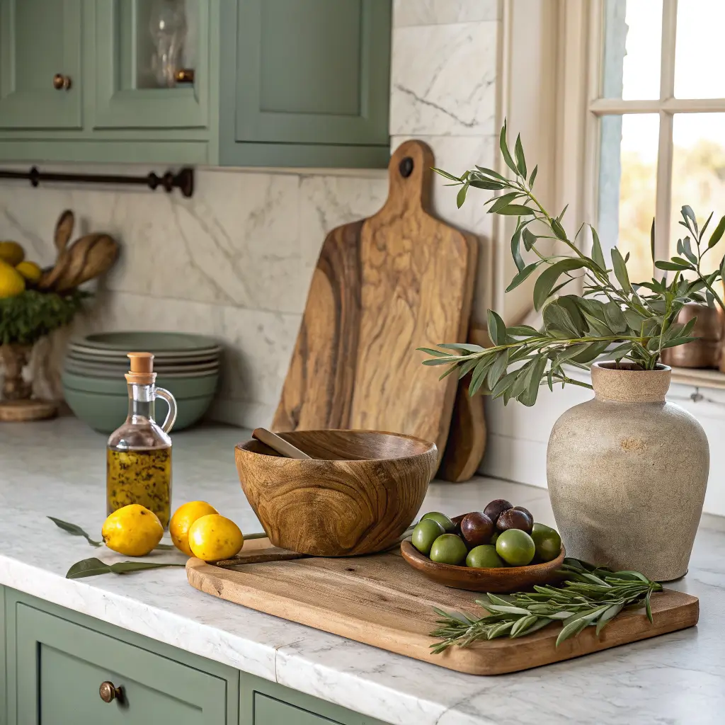 Luxury kitchen counter vignette with olive wood cutting board, lemons and pomegranates in a walnut bowl, utensils crock, olive branches in a vase, and an amber olive oil bottle, with sage green cabinetry softly blurred in warm sidelight.