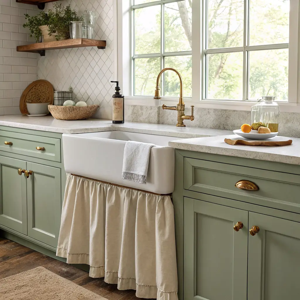 Photorealistic kitchen centered on apron sink with linen skirt, sage inset cabinets, unlacquered brass bridge faucet, oatmeal Roman shade, quartzite counters, walnut shelf, and amber soap bottle in soft midday light.