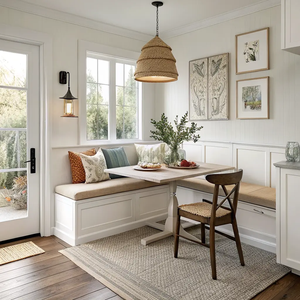 Photorealistic kitchen corner dining nook with cream L-shaped bench, oatmeal cushions, sage runner, walnut table, brass pendant, jute rug, and terracotta accent pillow in soft mid-day window light.