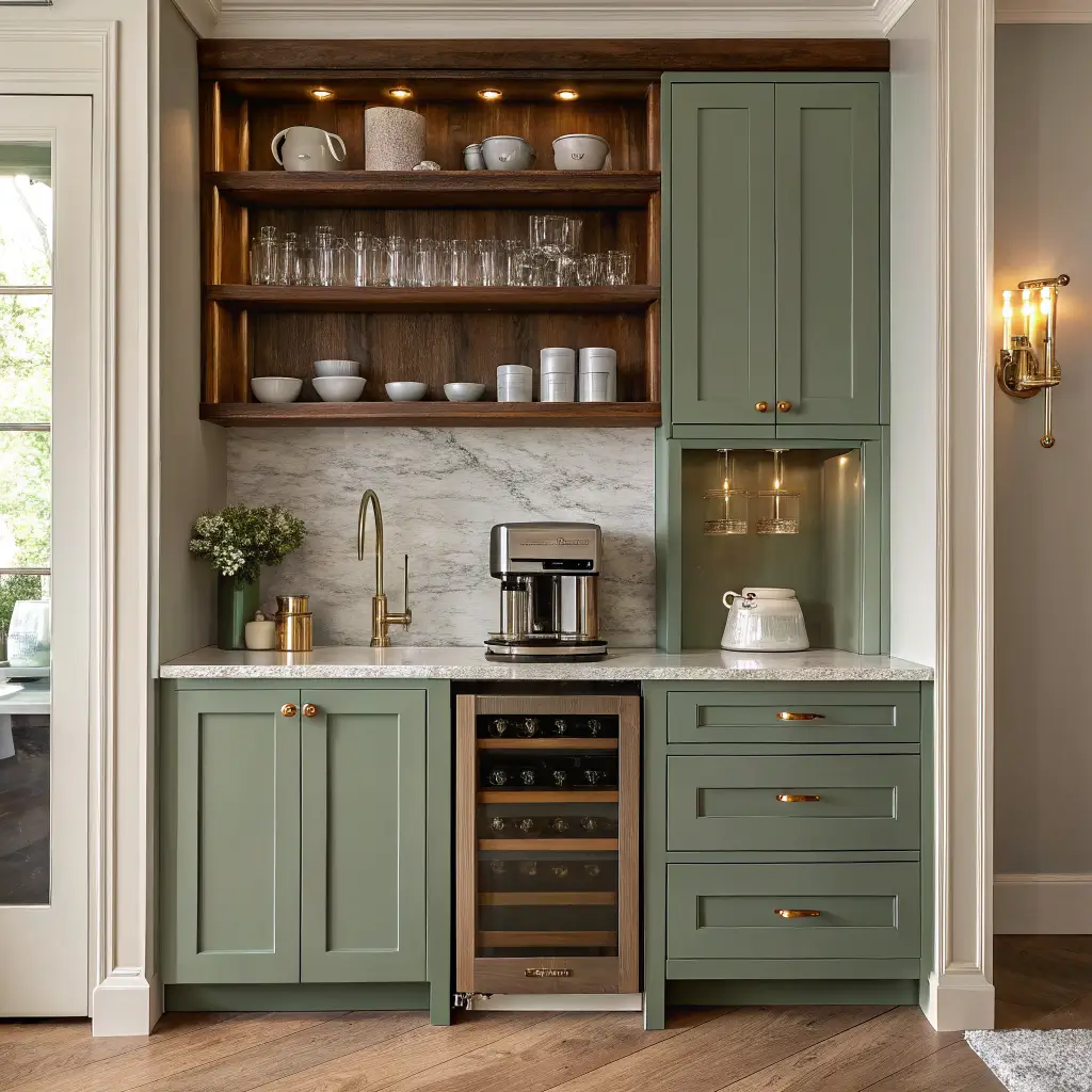 Luxury kitchen beverage station with brass espresso machine, walnut shelves with mugs and crystal glasses, sage green undercounter fridge, and quartzite counter in warm afternoon light.