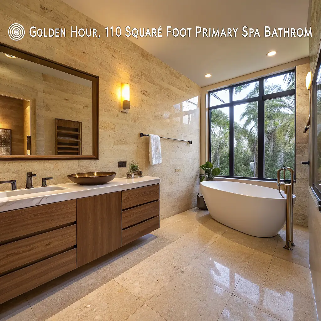 Photorealistic spa bathroom with travertine walls and floor, floating oak vanity, matte alabaster freestanding tub by a tall window with linen sheers, brushed brass fixtures, warm golden-hour lighting, and eucalyptus with a cream Turkish towel.