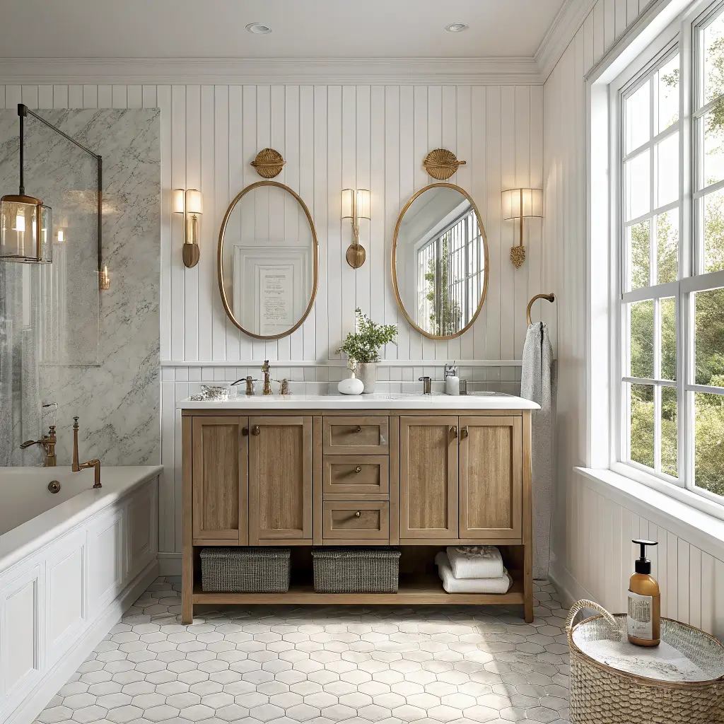 Photorealistic luxury bathroom with fluted oak double vanity, Calacatta marble top, brass wall faucets, LED-backlit oval mirrors, travertine floor, and soft morning light.