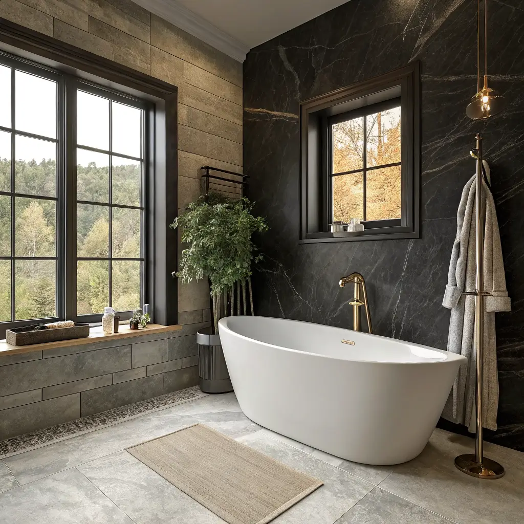 Moody luxury bathroom corner with ink-black wall, alabaster freestanding oval tub, travertine floor, sage-tiled niche, brass tub filler, and warm late-afternoon light.