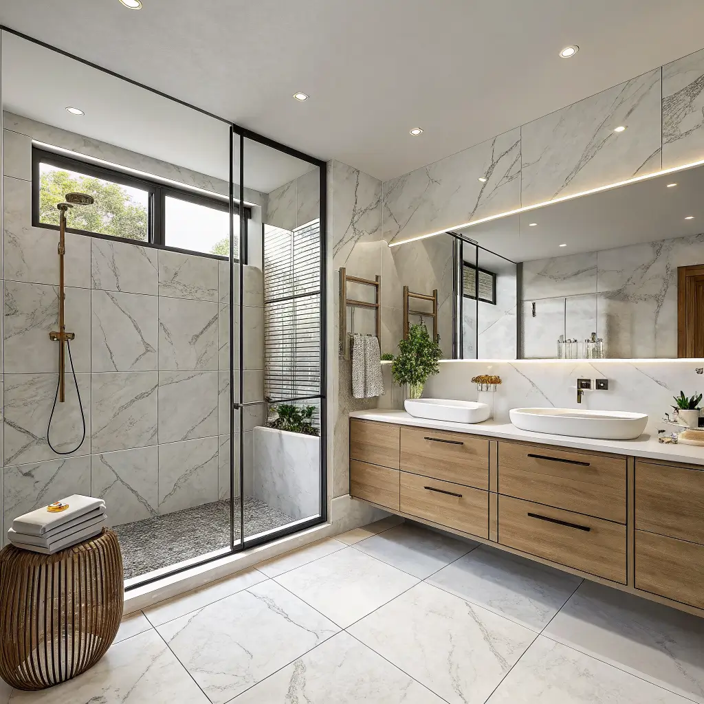 Photorealistic luxury bathroom with Calacatta-look large-format porcelain floor and shower walls, frameless glass partition, oak fluted vanity, brass fixtures, and soft skylight lighting.