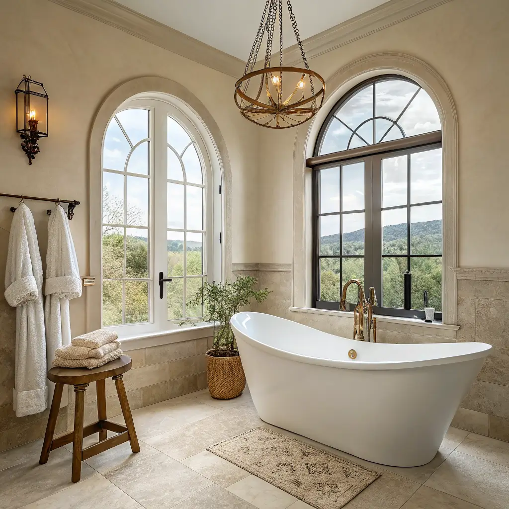 Photorealistic primary bathroom with a matte warm-white freestanding slipper tub centered under a tall arched window, brushed brass floor-mounted tub filler, honed travertine floor, ivory plaster walls, a bronze-and-linen pendant glowing softly, and an oak stool with cream towels and an amber candle at blue hour.