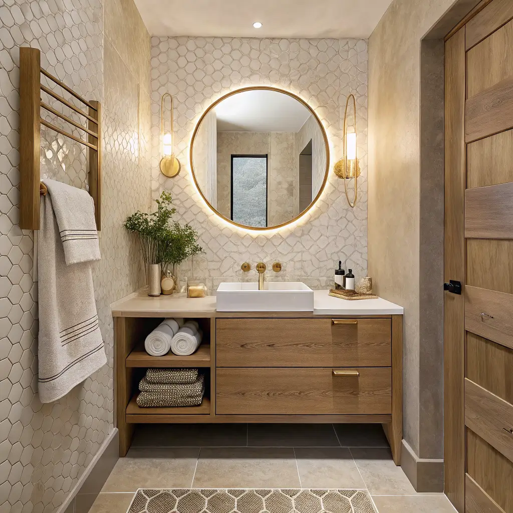Photorealistic jewel-box powder room with floating oak vanity, round LED-backlit mirror, brass sconces, warm ivory limewashed plaster walls, travertine hex floor, brass towel warmer, and minimal amber bottle styling in soft evening light.