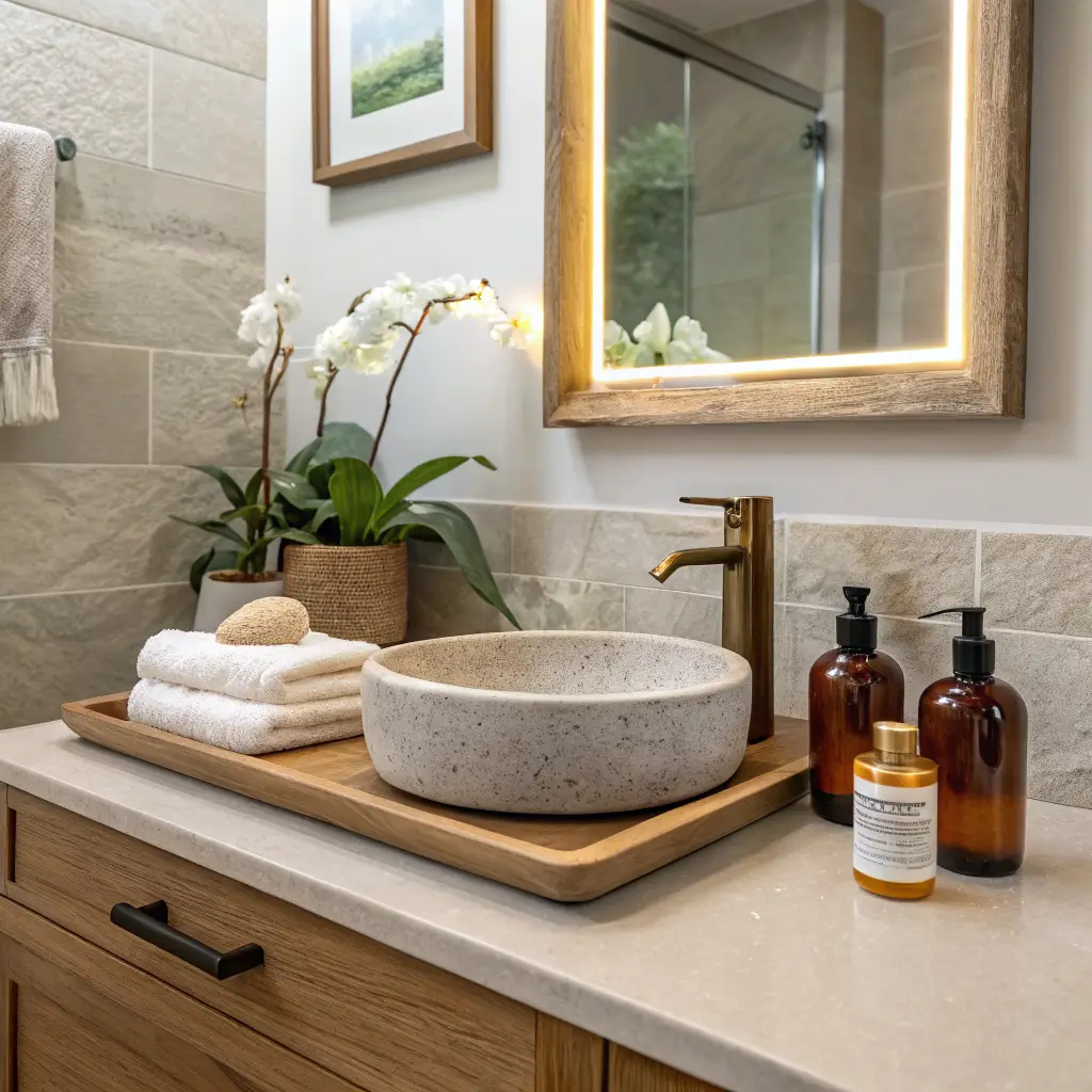 Close-up of a luxury bathroom oak vanity with a travertine tray holding amber pump bottles, a grey ceramic vessel, and a white orchid under a warm backlit mirror, with botanical art and eucalyptus by a brass shower beyond glass.