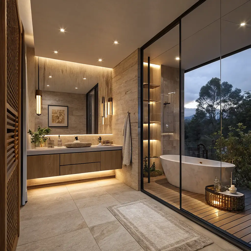 Photorealistic luxury bathroom at night with layered warm lighting: recessed ceiling cans, brass sconces around an LED-backlit mirror, under-vanity and shower-niche LED strips, travertine surfaces, oak floating vanity, and a frameless glass walk-in shower.