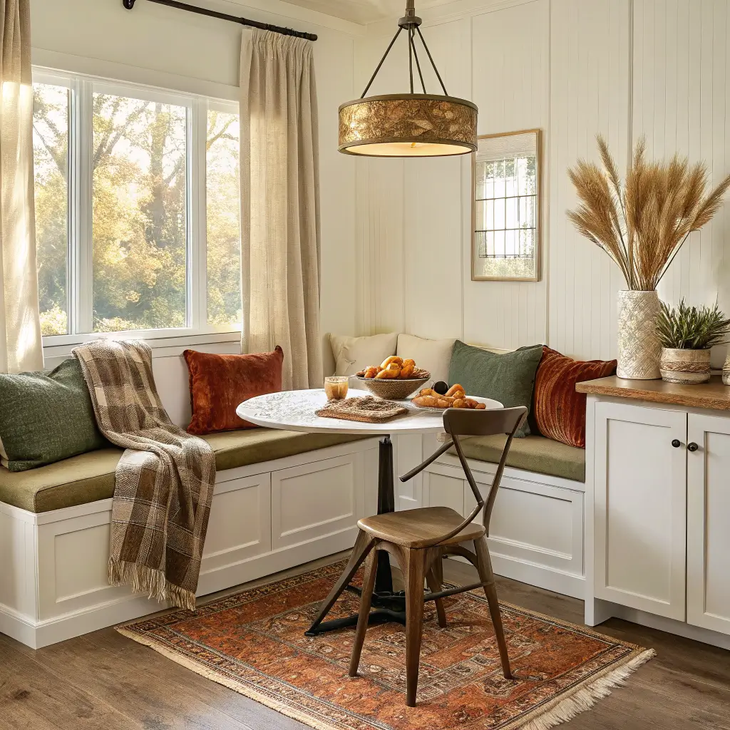 Photorealistic autumn corner dining nook with cream L-shaped bench, rust velvet pillows, plaid throw, walnut table with brass tray of tiny pumpkins, brass pendant, and golden October light through linen curtains.