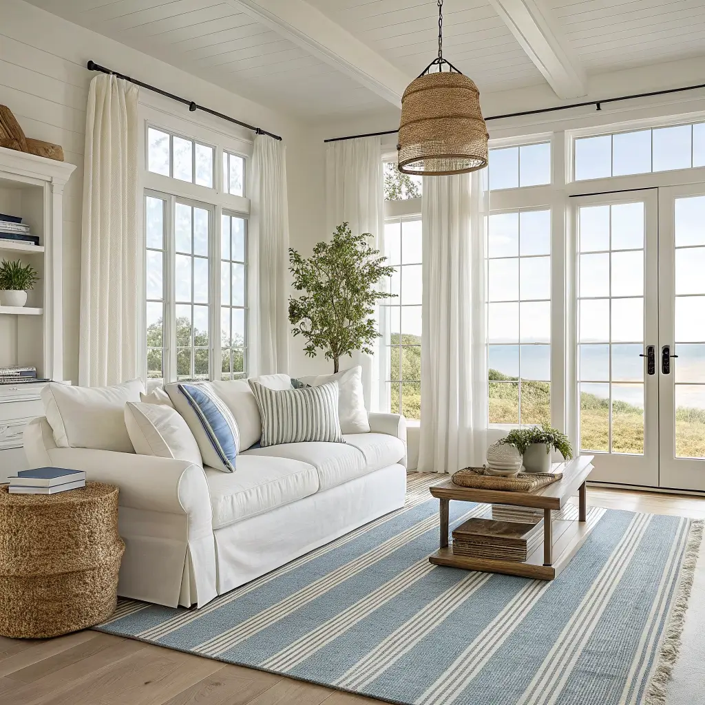 Photorealistic modern coastal living room with white slipcovered sofa on layered jute and blue-striped rugs, tall windows with sheer linen curtains, light oak floors, seagrass pendant, and calm airy mid-morning light.