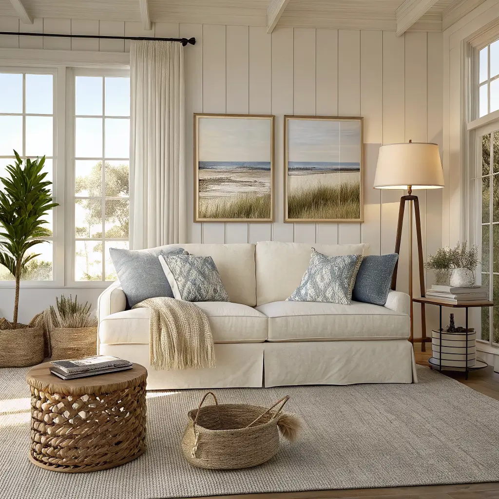 Photorealistic modern coastal living room budget refresh with ivory slipcovered beige sofa, jute rug, seagrass baskets, oak side table with lamp, and a black-and-white dune print in golden afternoon light.