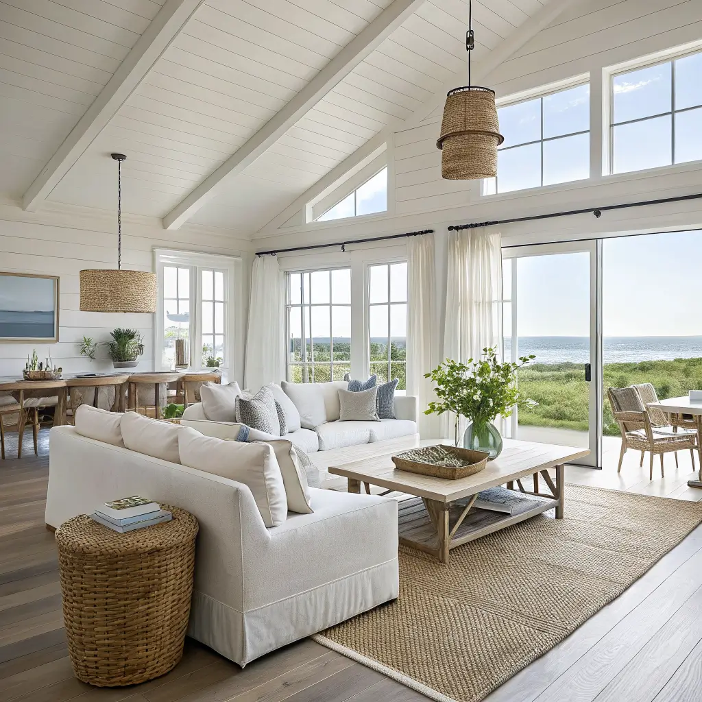 Photorealistic open-plan coastal living-dining room with ivory sofa on seagrass rug, white oak coffee table, round oak dining set with rattan chairs, and morning light through wide linen-draped windows.