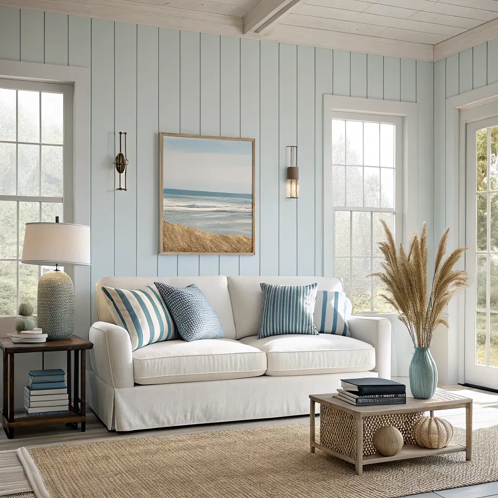 Photorealistic coastal living room with White Heron walls, Beach Glass shiplap accent wall behind an ivory slipcovered sofa, blue striped and rose pillows, light oak coffee table with black vase and books, seagrass rug, sandy curtains, and brass sconce in soft late-morning light.