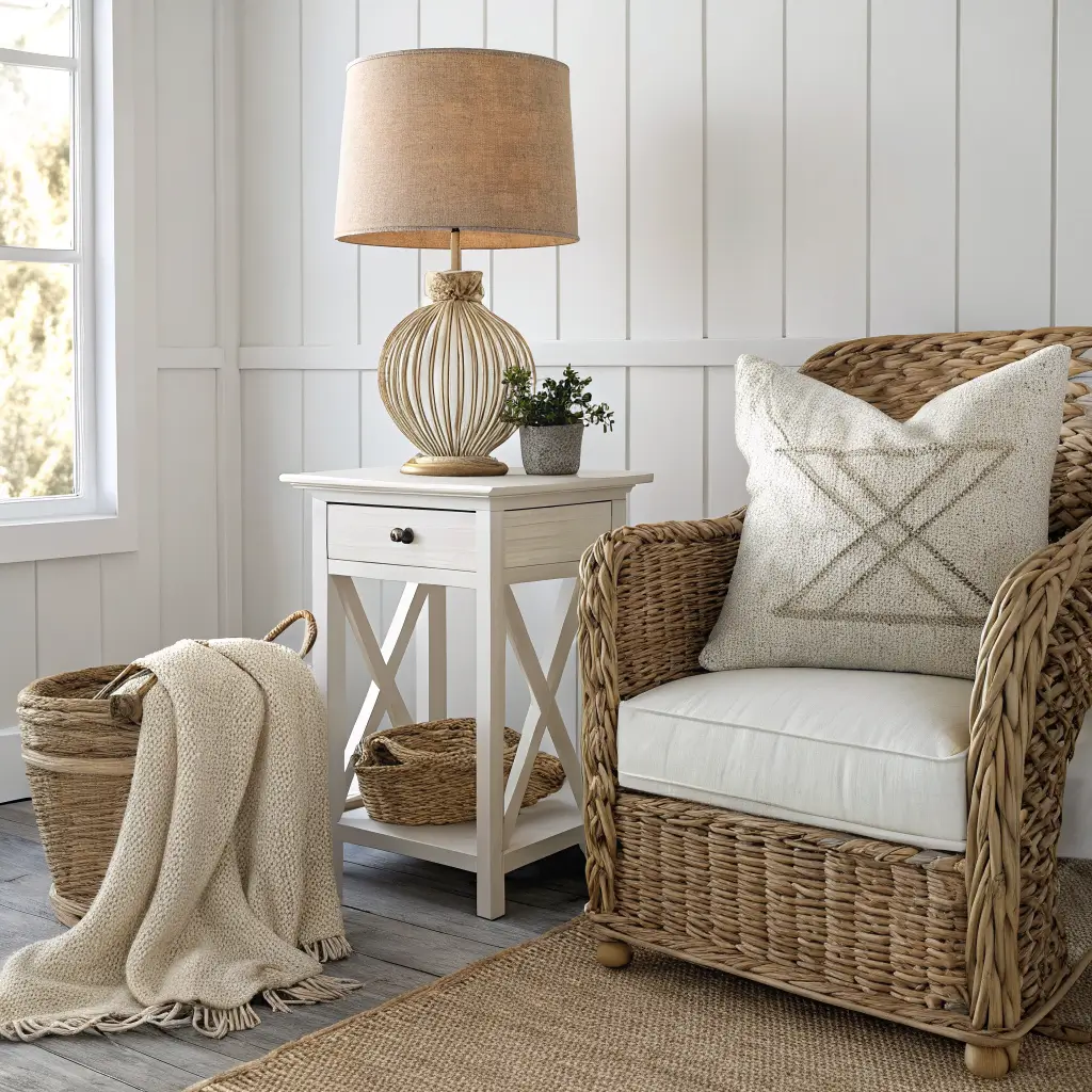 Close-up of a coastal living room corner with a rattan chair, whitewashed side table and ceramic lamp, brass sconce on a White Heron wall, seagrass basket with knit throw, and linen ottoman with a blue-piped pillow in warm side light.