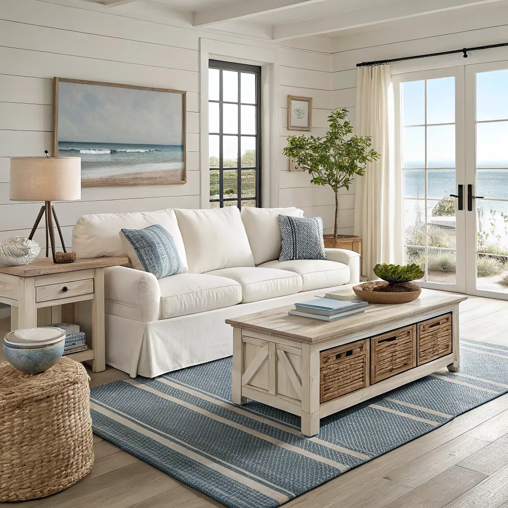 Photorealistic coastal living room with ivory slipcovered sofa on layered jute and muted blue rugs, white oak coffee table styled with tray and sea glass, cane-front media console with round mirror, sheer linen drapes, and rope-base lamps in bright midday light.