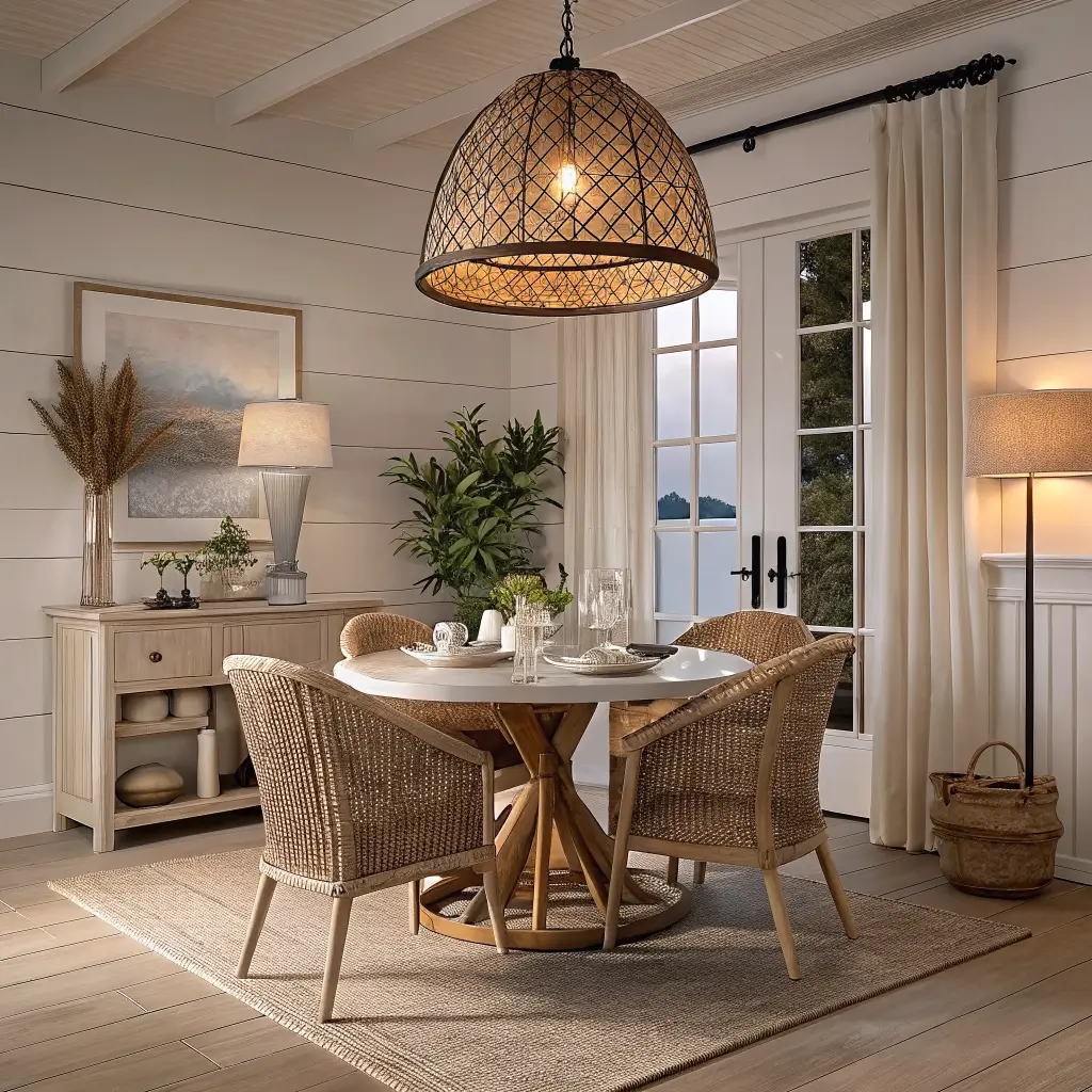Photorealistic coastal dining nook at dusk with round light oak table, rattan chairs, glowing woven seagrass pendant, black sconce, table lamp on oak console, and sheer linen curtains in blue-hour light.