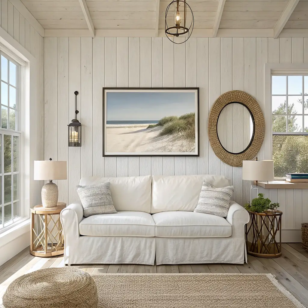 Modern coastal living room with white vertical shiplap accent wall behind an ivory linen sofa, oversized dune photo in matte black frame, driftwood round mirror, oak floors, jute rug, and rope lamps in bright morning light.