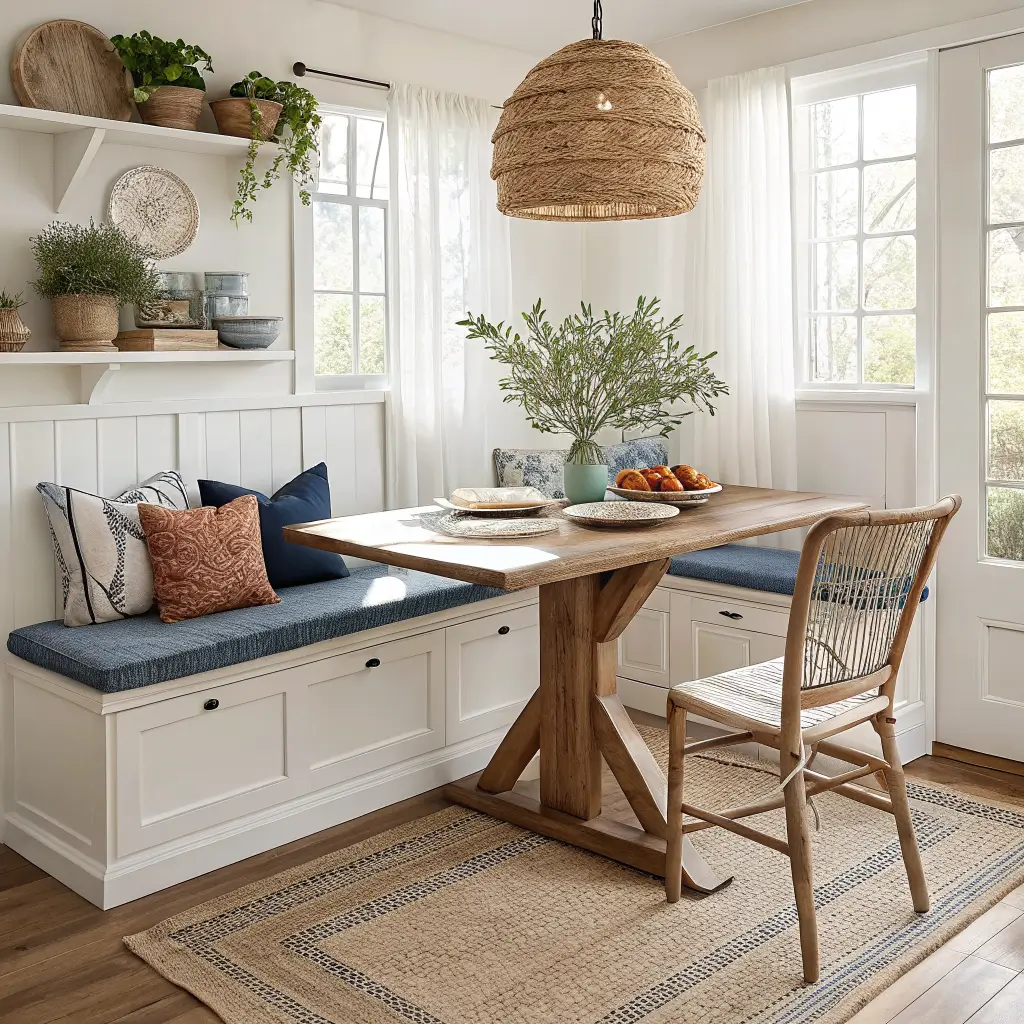 Photorealistic boho-coastal corner dining nook with cream L-shaped bench, walnut table with rattan placemats, terracotta olive-branch centerpiece, indigo and oatmeal cushions, seagrass pendant, and jute rug in bright sunlit kitchen.
